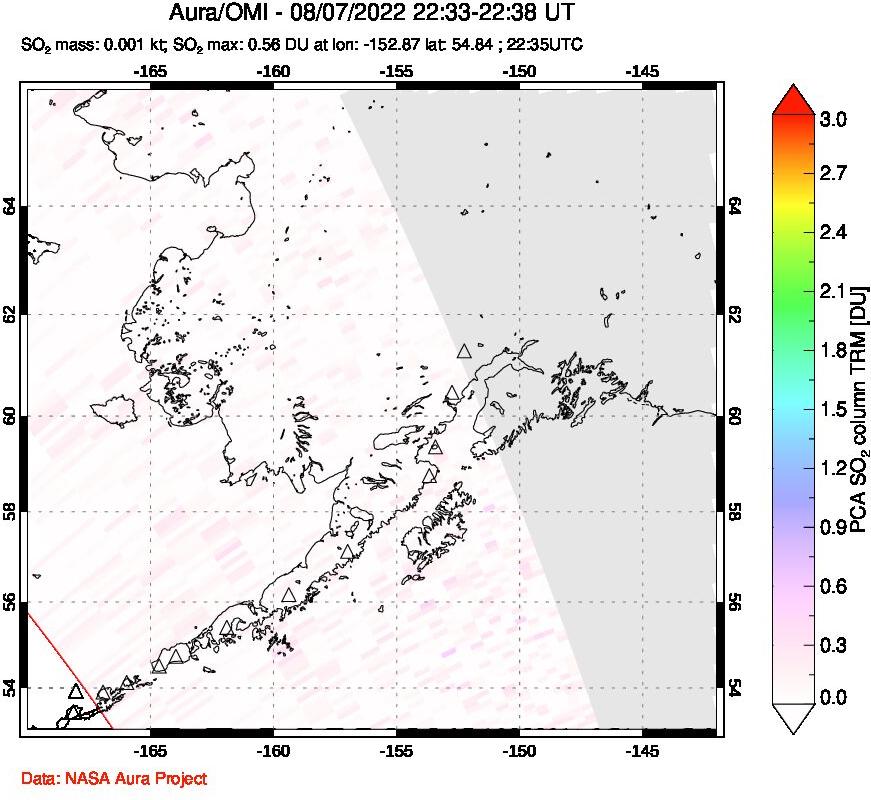 A sulfur dioxide image over Alaska, USA on Aug 07, 2022.