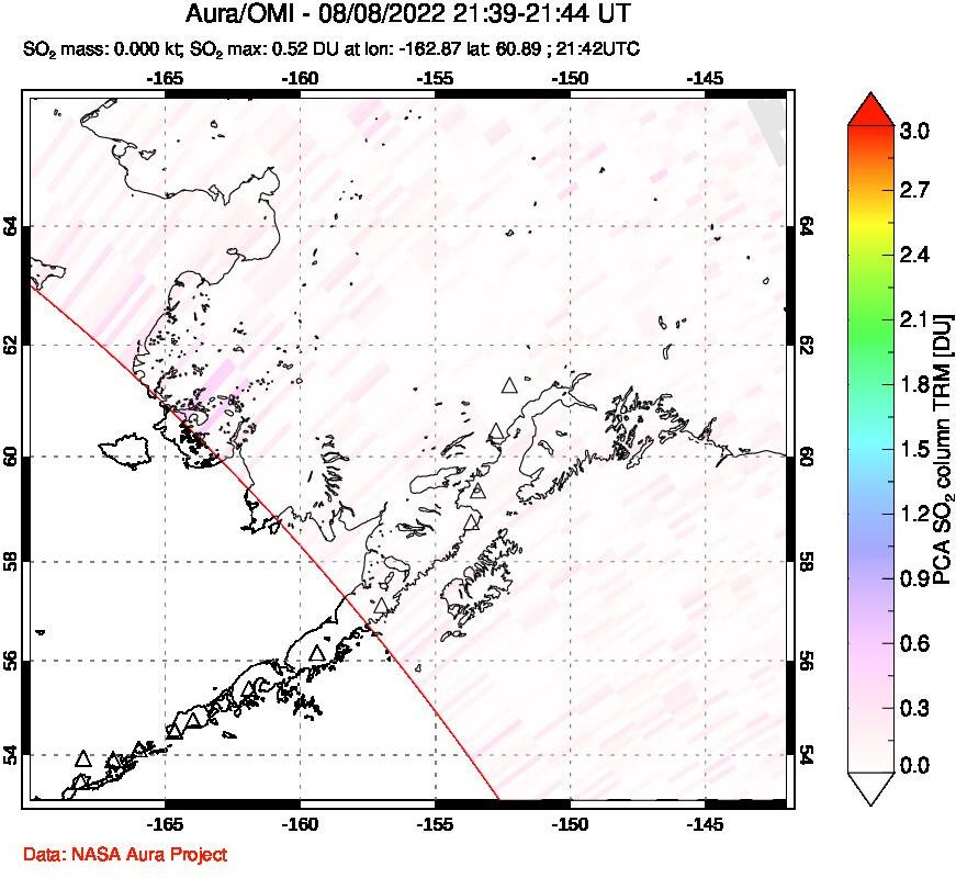 A sulfur dioxide image over Alaska, USA on Aug 08, 2022.