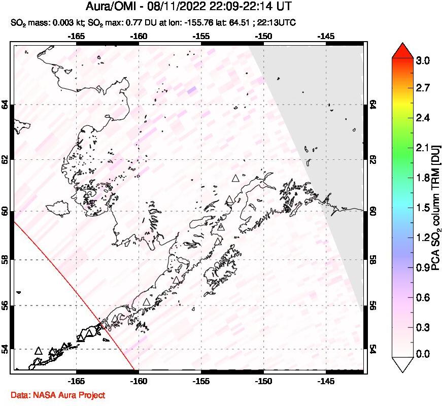 A sulfur dioxide image over Alaska, USA on Aug 11, 2022.