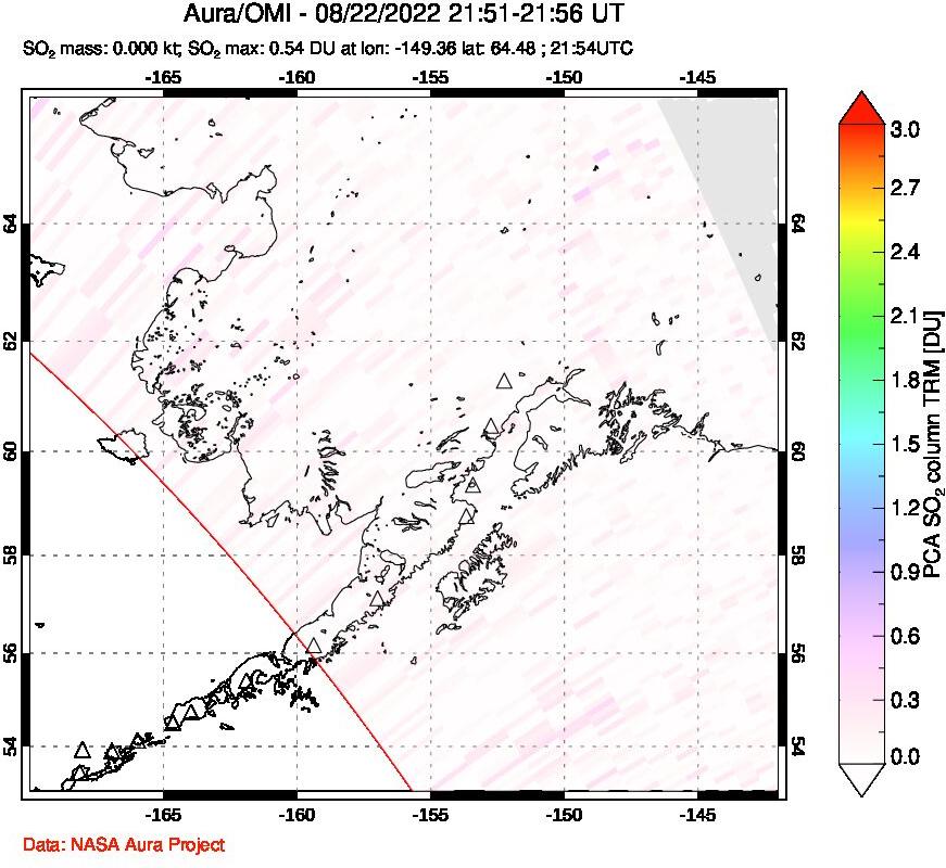 A sulfur dioxide image over Alaska, USA on Aug 22, 2022.