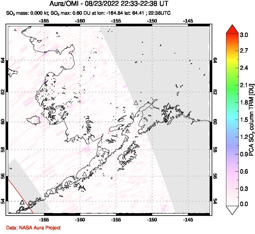 A sulfur dioxide image over Alaska, USA on Aug 23, 2022.