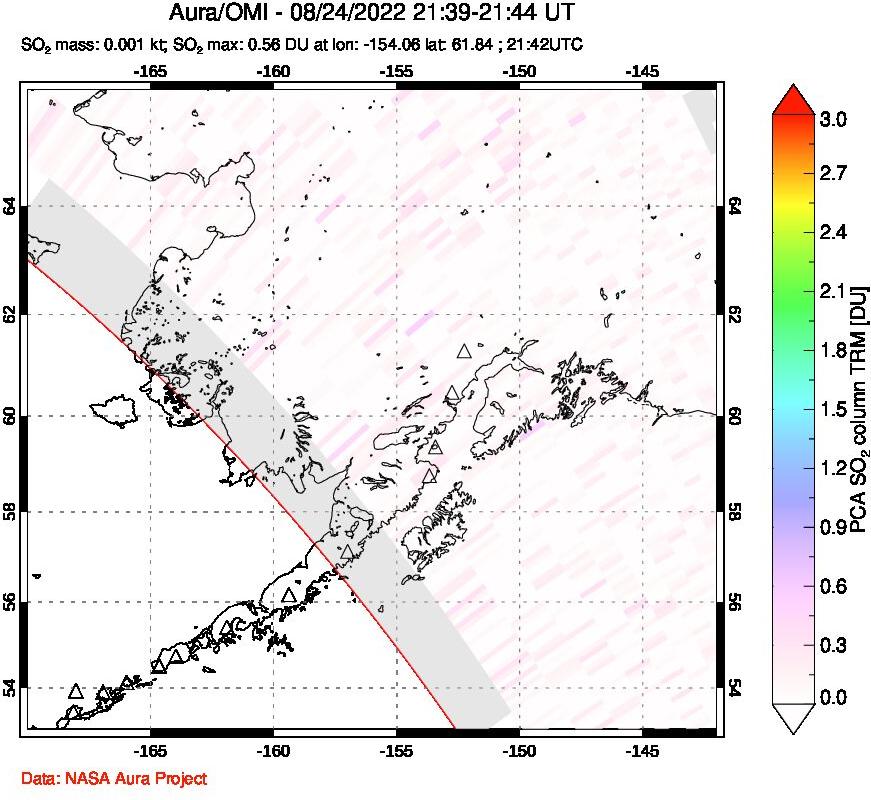 A sulfur dioxide image over Alaska, USA on Aug 24, 2022.