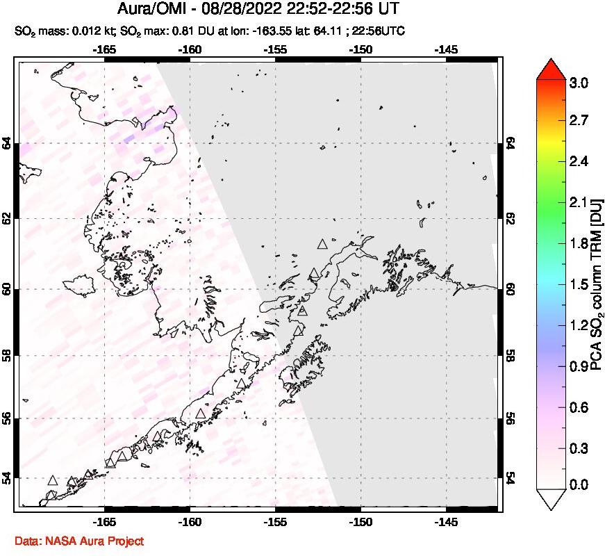 A sulfur dioxide image over Alaska, USA on Aug 28, 2022.