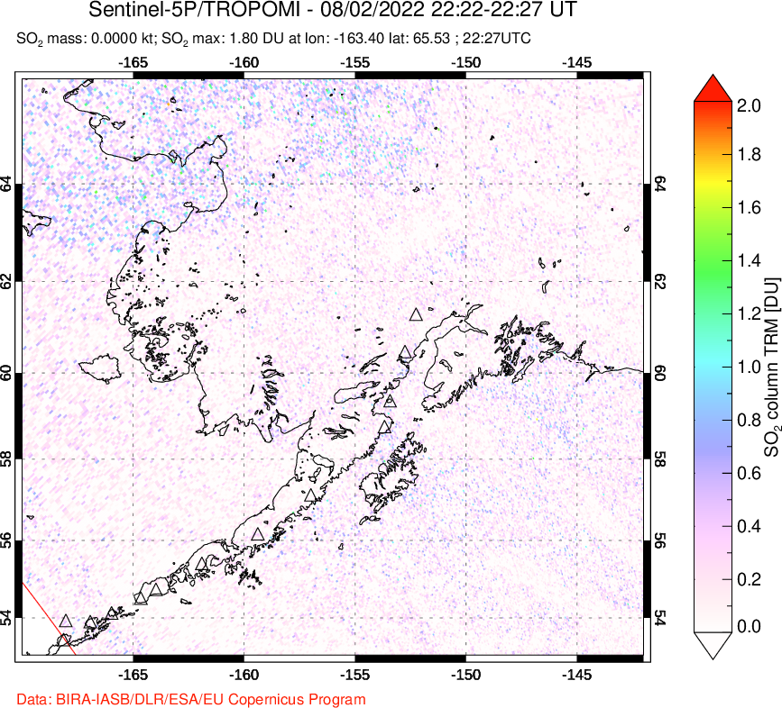 A sulfur dioxide image over Alaska, USA on Aug 02, 2022.