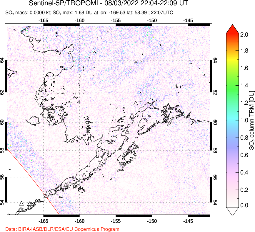 A sulfur dioxide image over Alaska, USA on Aug 03, 2022.
