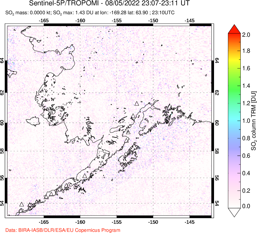 A sulfur dioxide image over Alaska, USA on Aug 05, 2022.
