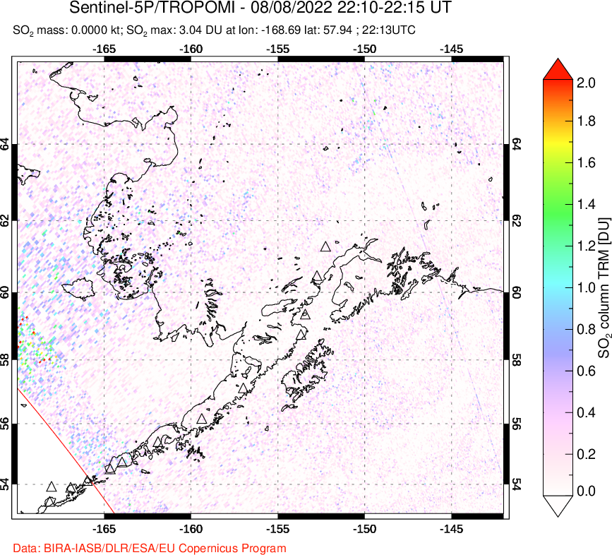 A sulfur dioxide image over Alaska, USA on Aug 08, 2022.