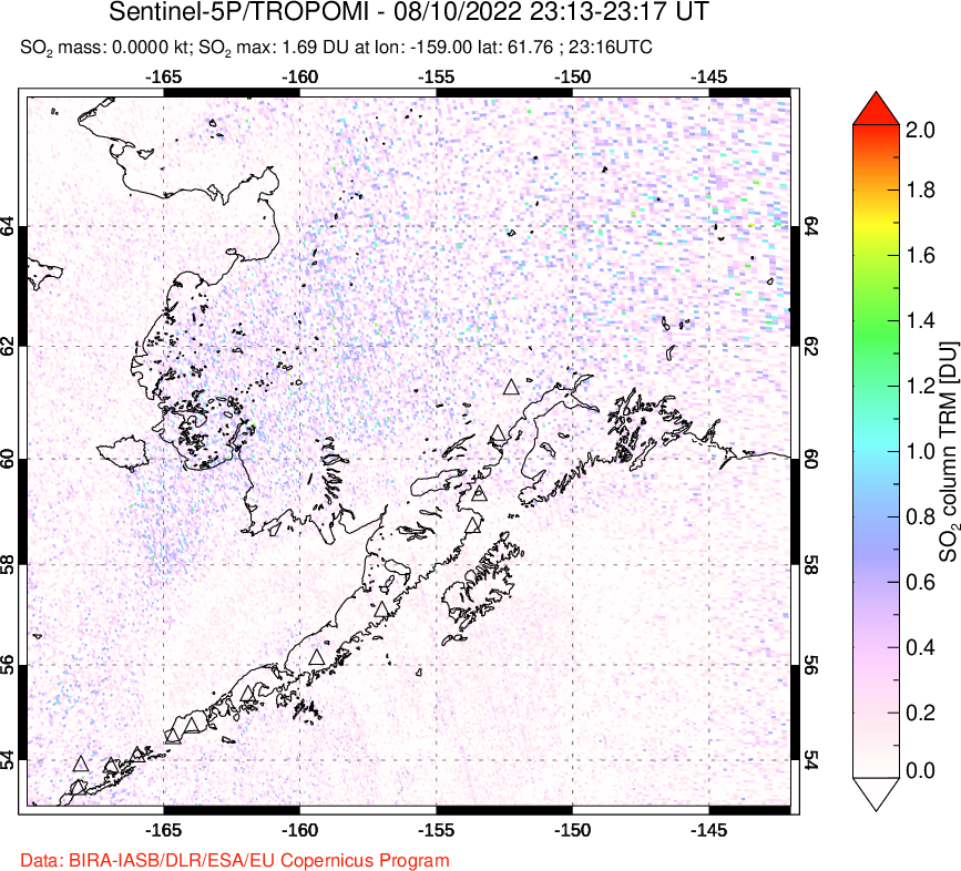 A sulfur dioxide image over Alaska, USA on Aug 10, 2022.