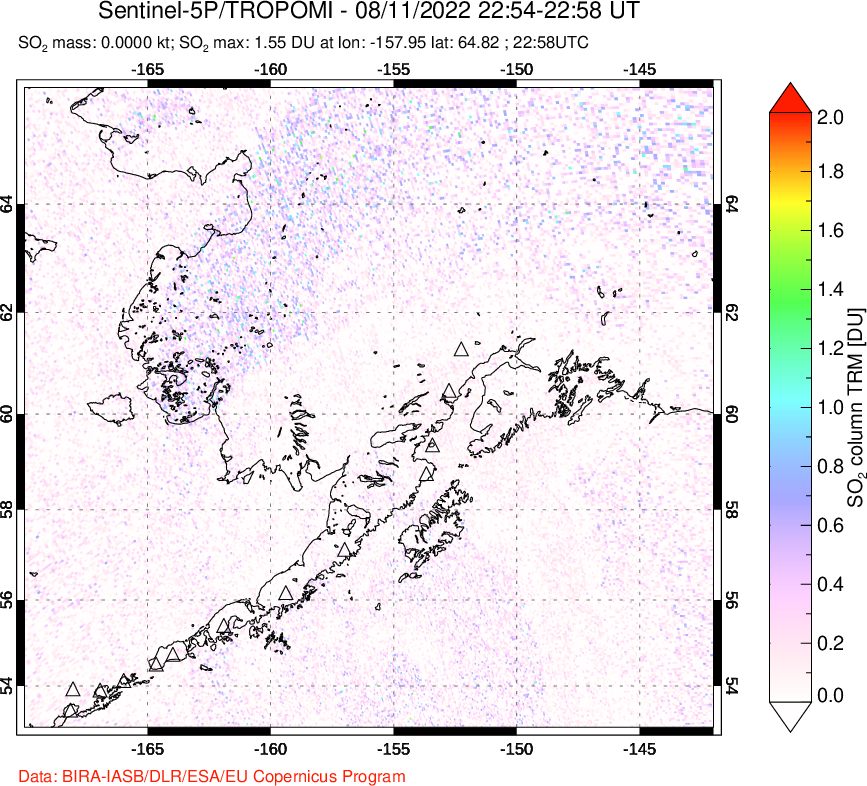 A sulfur dioxide image over Alaska, USA on Aug 11, 2022.