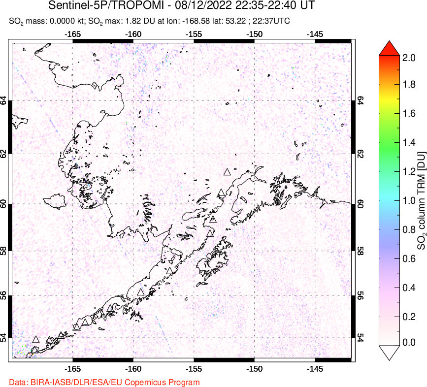 A sulfur dioxide image over Alaska, USA on Aug 12, 2022.
