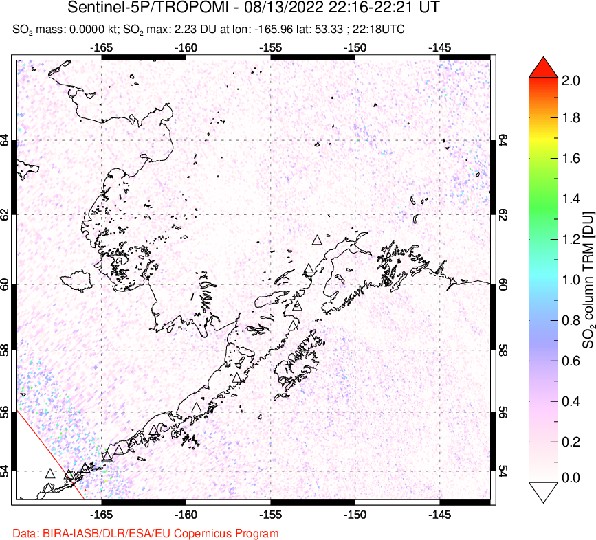 A sulfur dioxide image over Alaska, USA on Aug 13, 2022.