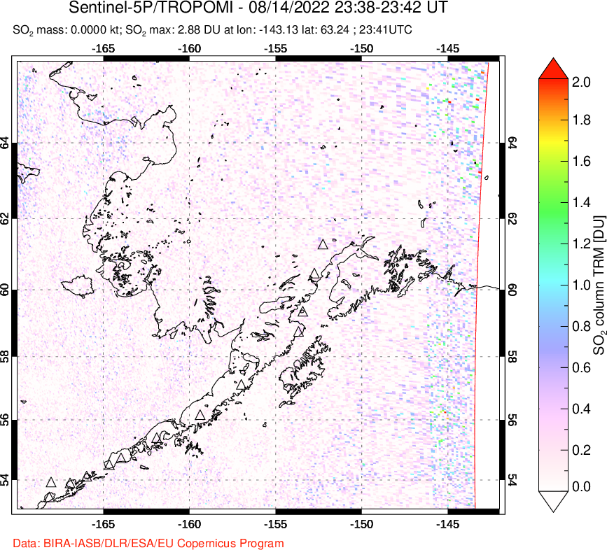 A sulfur dioxide image over Alaska, USA on Aug 14, 2022.