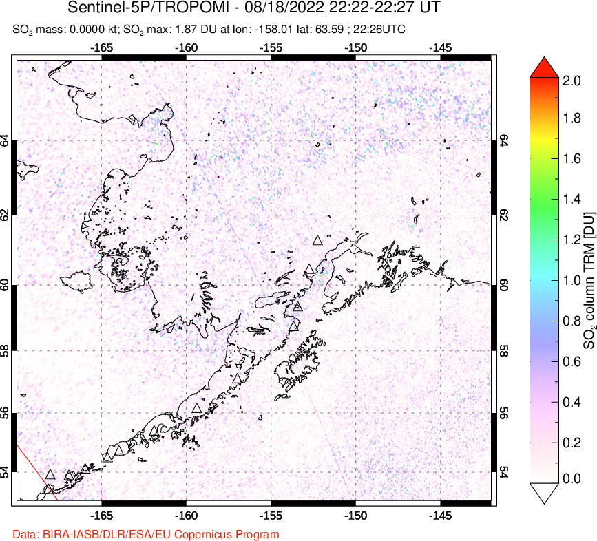 A sulfur dioxide image over Alaska, USA on Aug 18, 2022.