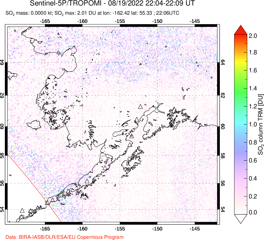 A sulfur dioxide image over Alaska, USA on Aug 19, 2022.
