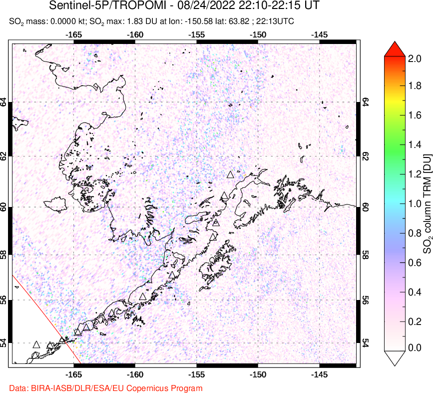A sulfur dioxide image over Alaska, USA on Aug 24, 2022.