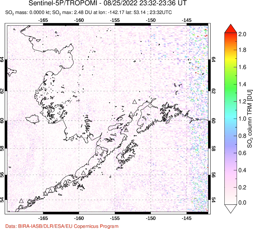 A sulfur dioxide image over Alaska, USA on Aug 25, 2022.
