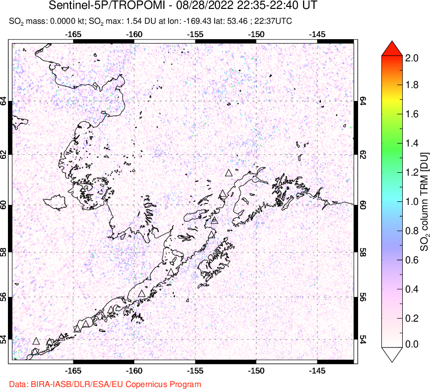 A sulfur dioxide image over Alaska, USA on Aug 28, 2022.