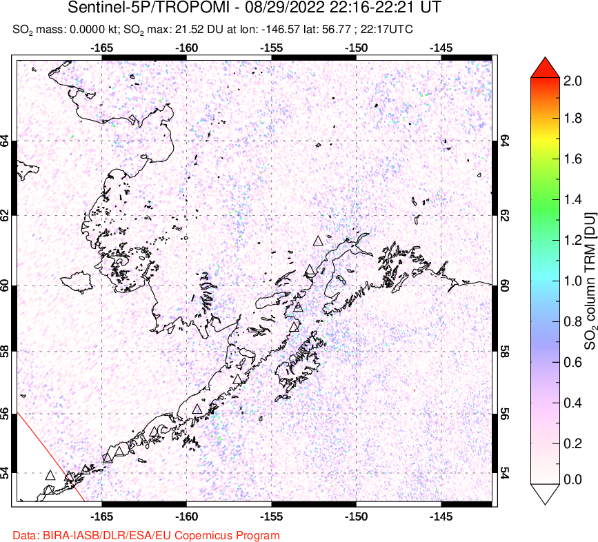 A sulfur dioxide image over Alaska, USA on Aug 29, 2022.