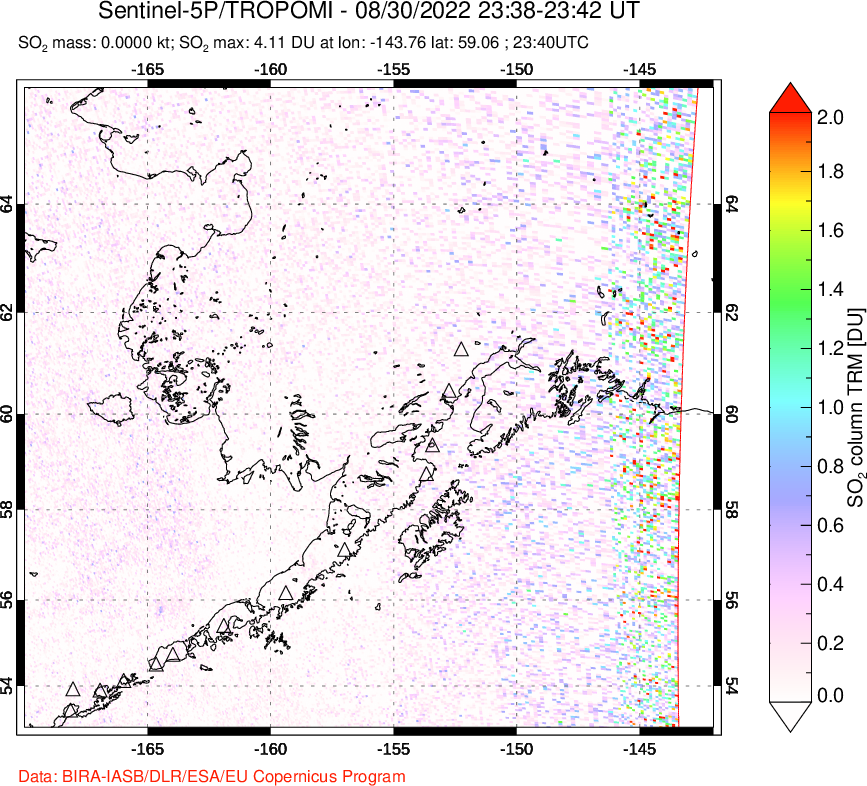 A sulfur dioxide image over Alaska, USA on Aug 30, 2022.