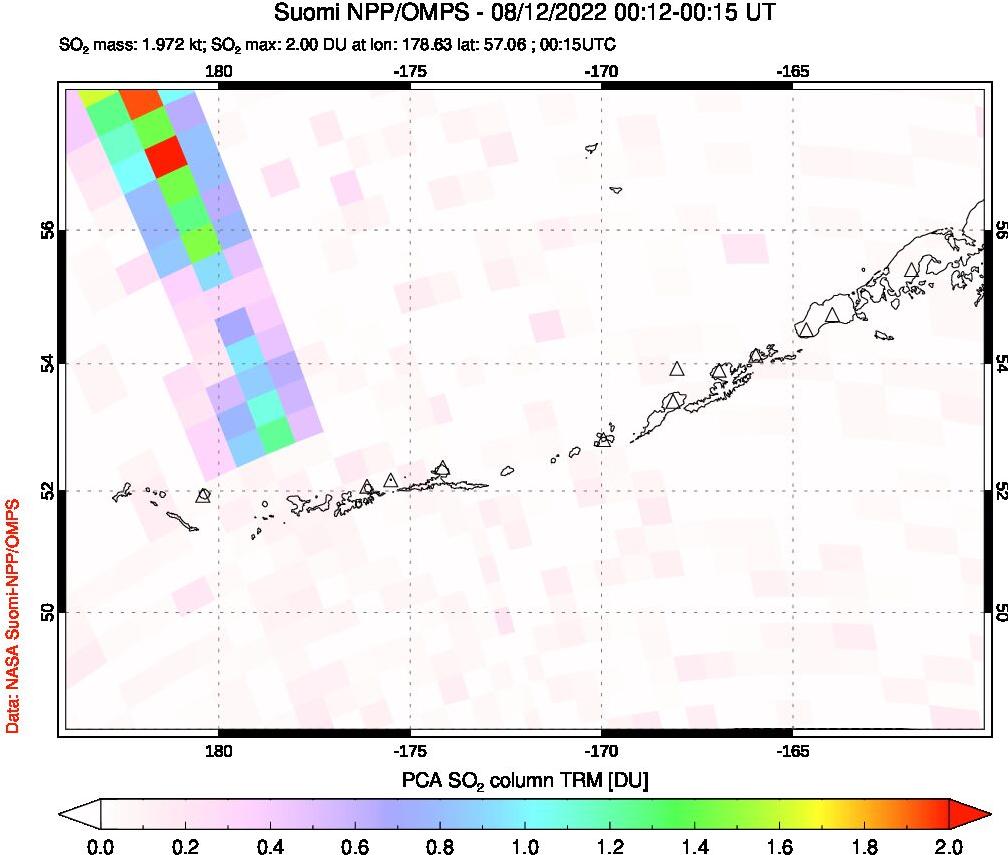 A sulfur dioxide image over Aleutian Islands, Alaska, USA on Aug 12, 2022.