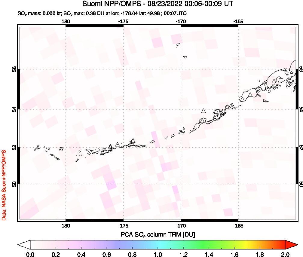A sulfur dioxide image over Aleutian Islands, Alaska, USA on Aug 23, 2022.
