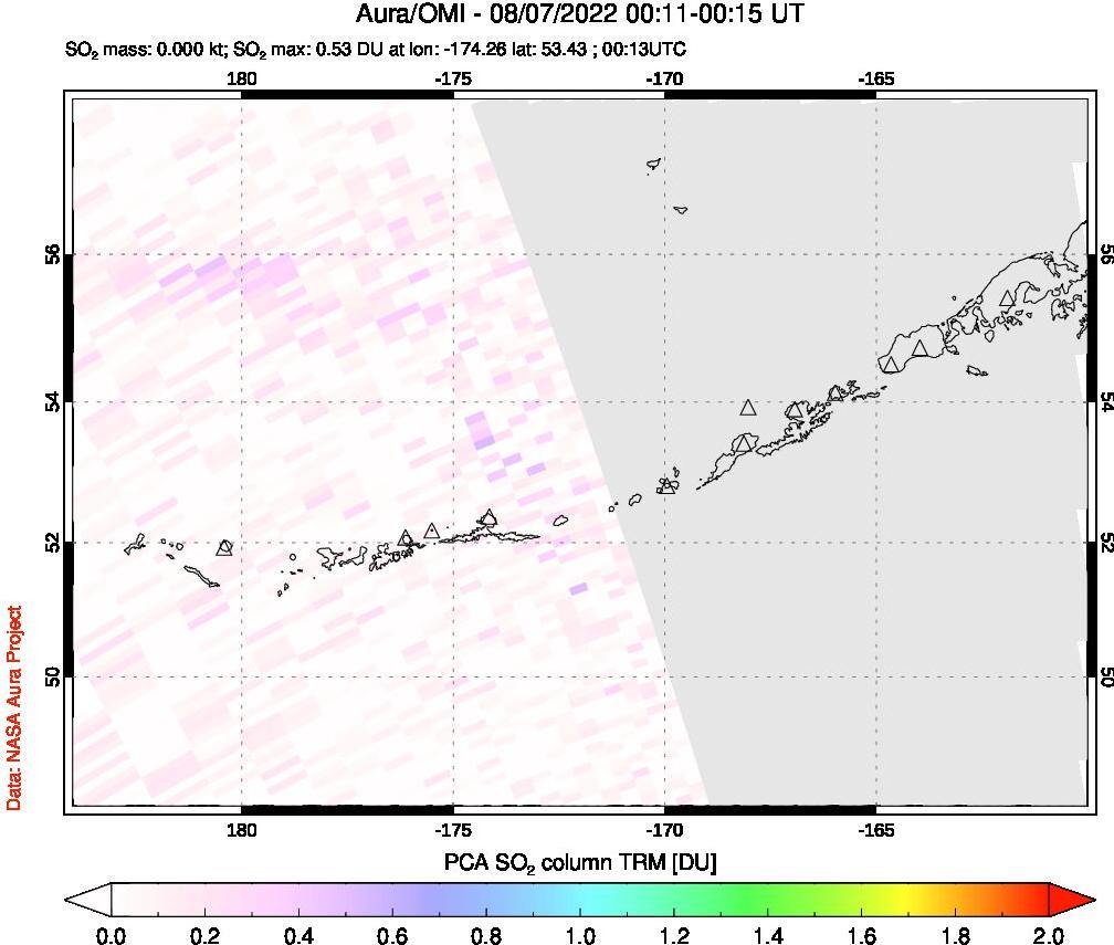 A sulfur dioxide image over Aleutian Islands, Alaska, USA on Aug 07, 2022.