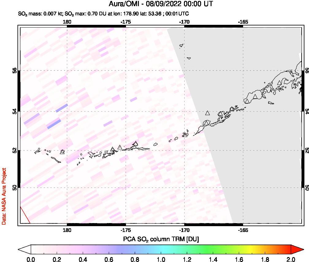 A sulfur dioxide image over Aleutian Islands, Alaska, USA on Aug 09, 2022.