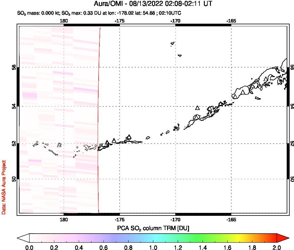 A sulfur dioxide image over Aleutian Islands, Alaska, USA on Aug 13, 2022.