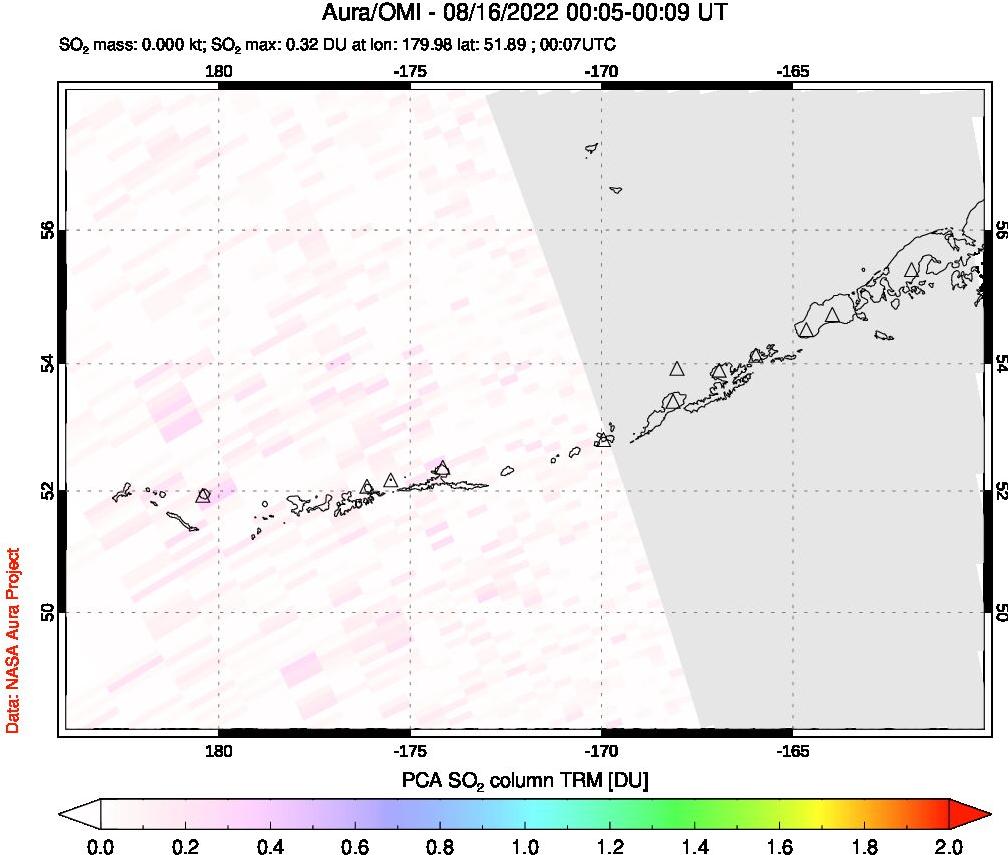 A sulfur dioxide image over Aleutian Islands, Alaska, USA on Aug 16, 2022.