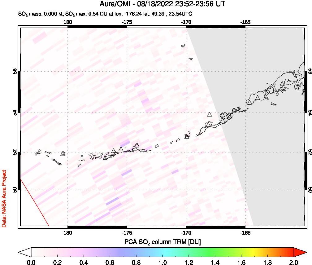 A sulfur dioxide image over Aleutian Islands, Alaska, USA on Aug 18, 2022.