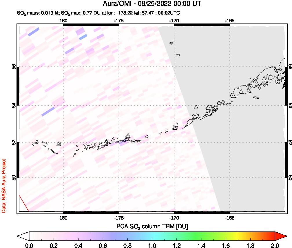 A sulfur dioxide image over Aleutian Islands, Alaska, USA on Aug 25, 2022.