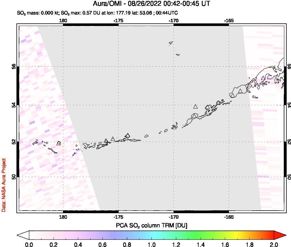 A sulfur dioxide image over Aleutian Islands, Alaska, USA on Aug 26, 2022.