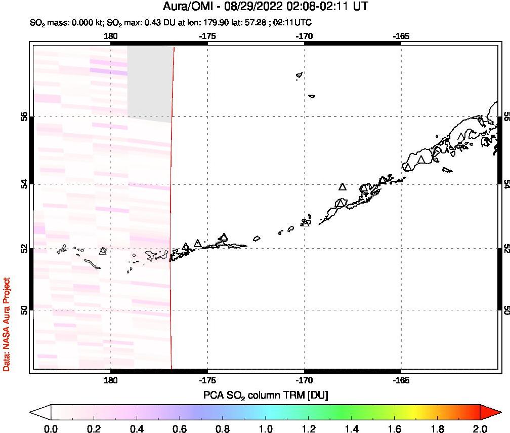 A sulfur dioxide image over Aleutian Islands, Alaska, USA on Aug 29, 2022.