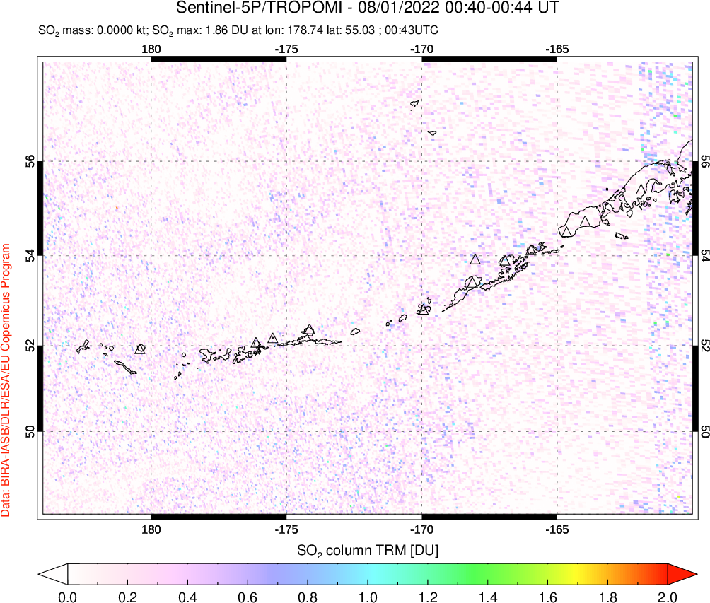 A sulfur dioxide image over Aleutian Islands, Alaska, USA on Aug 01, 2022.