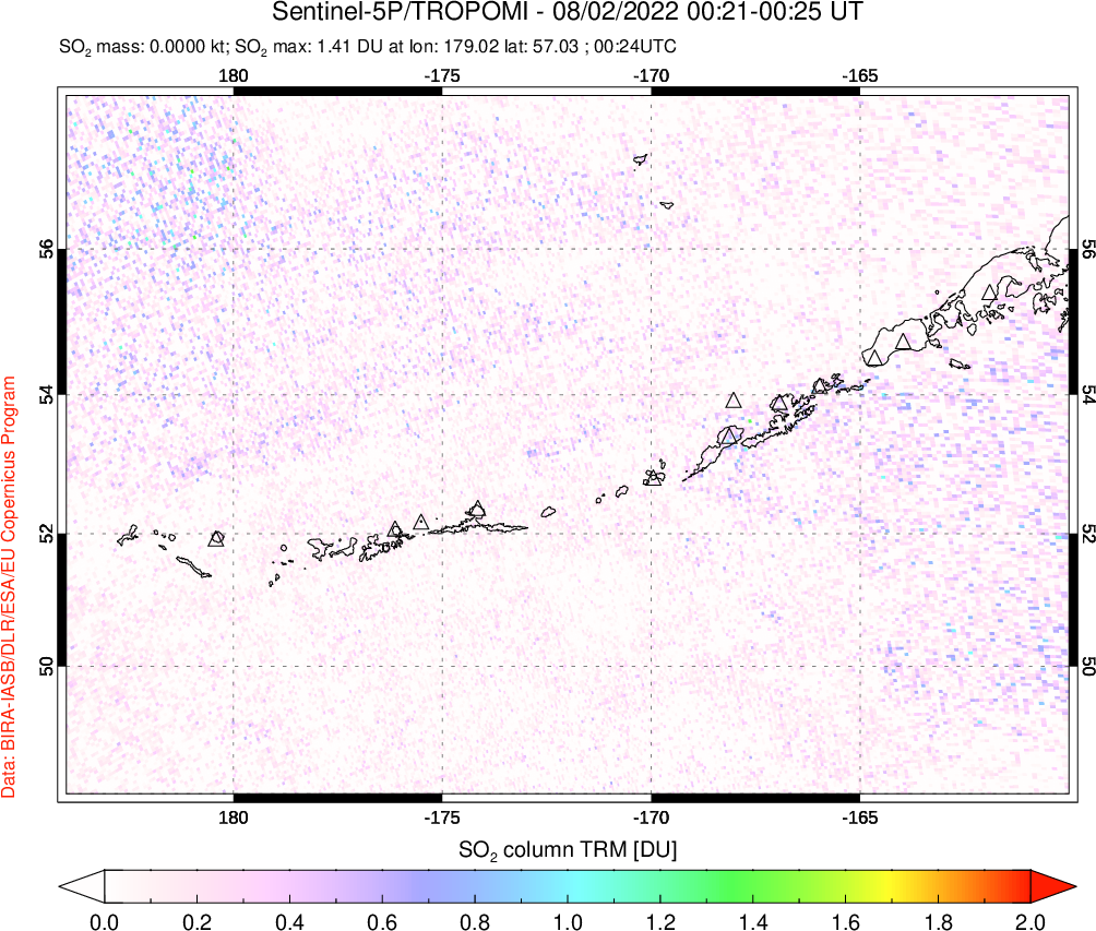 A sulfur dioxide image over Aleutian Islands, Alaska, USA on Aug 02, 2022.
