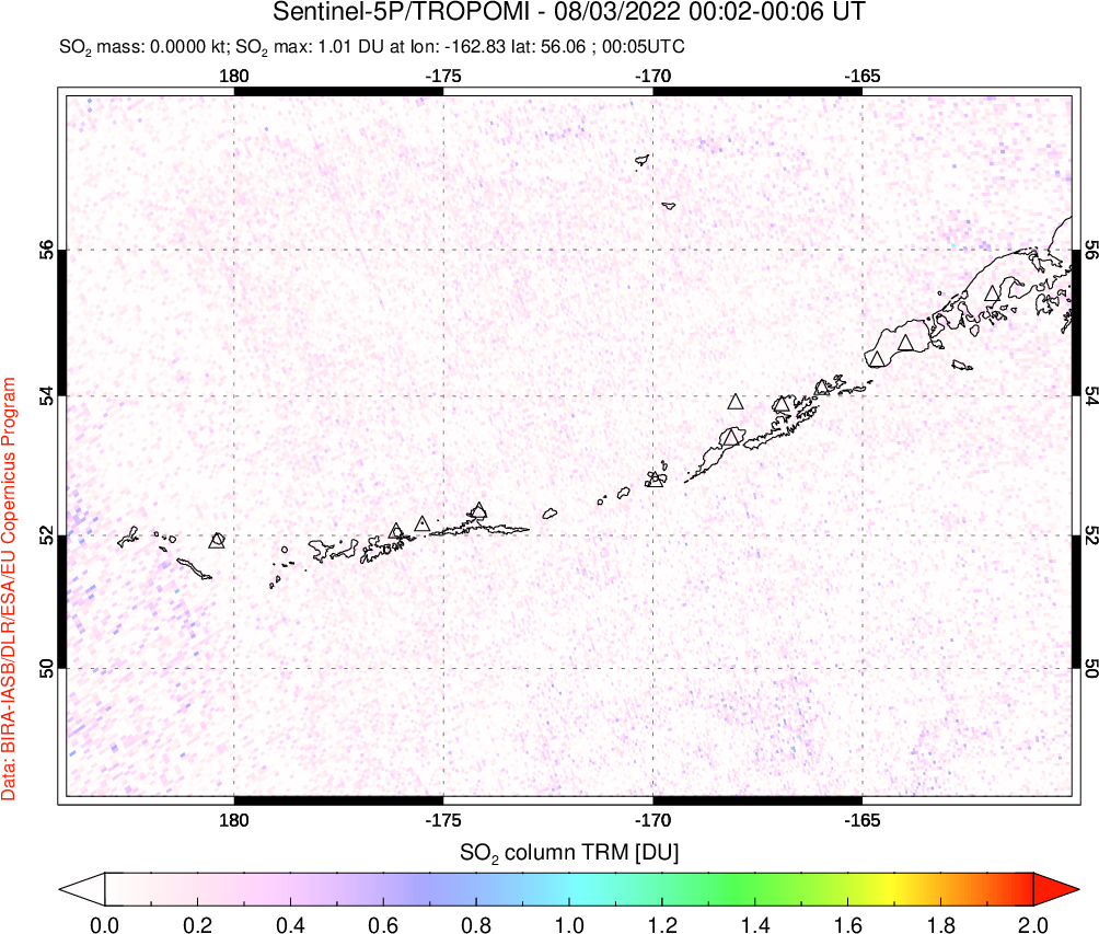 A sulfur dioxide image over Aleutian Islands, Alaska, USA on Aug 03, 2022.
