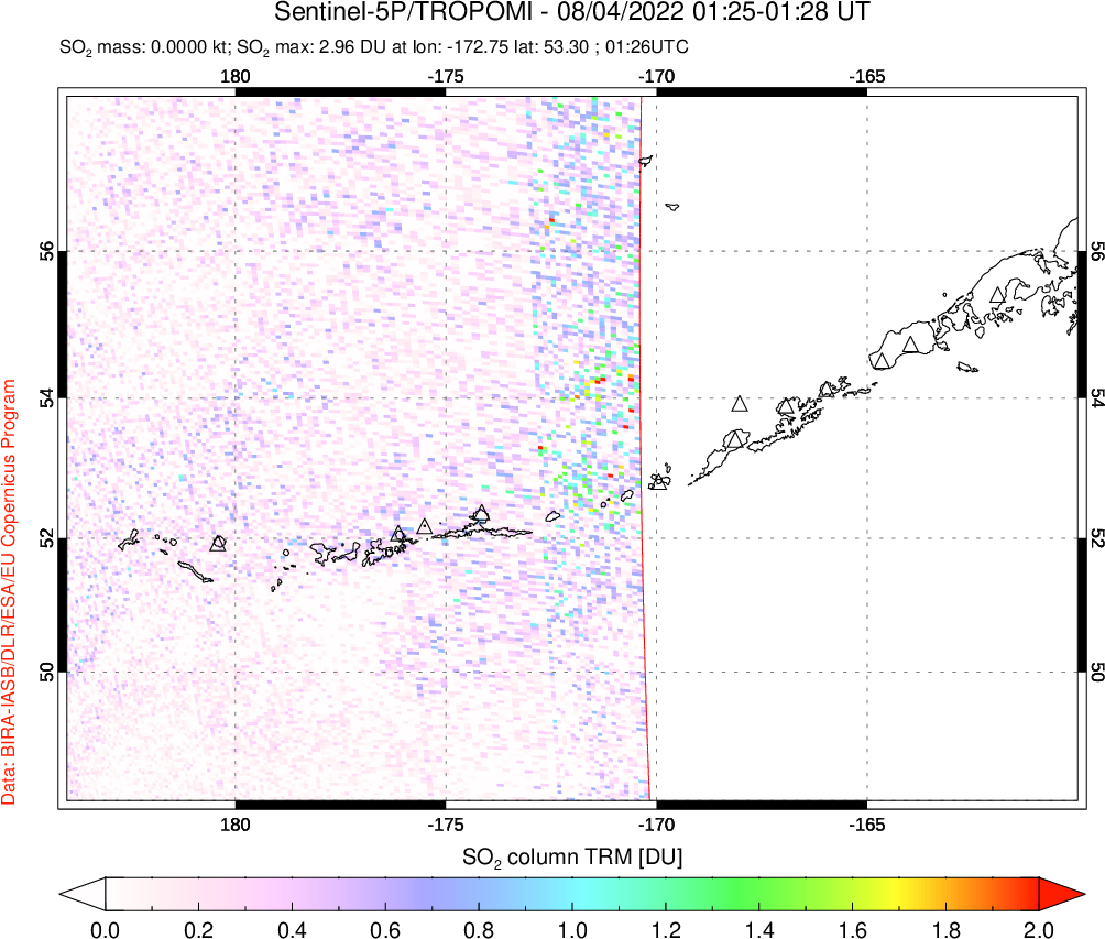 A sulfur dioxide image over Aleutian Islands, Alaska, USA on Aug 04, 2022.