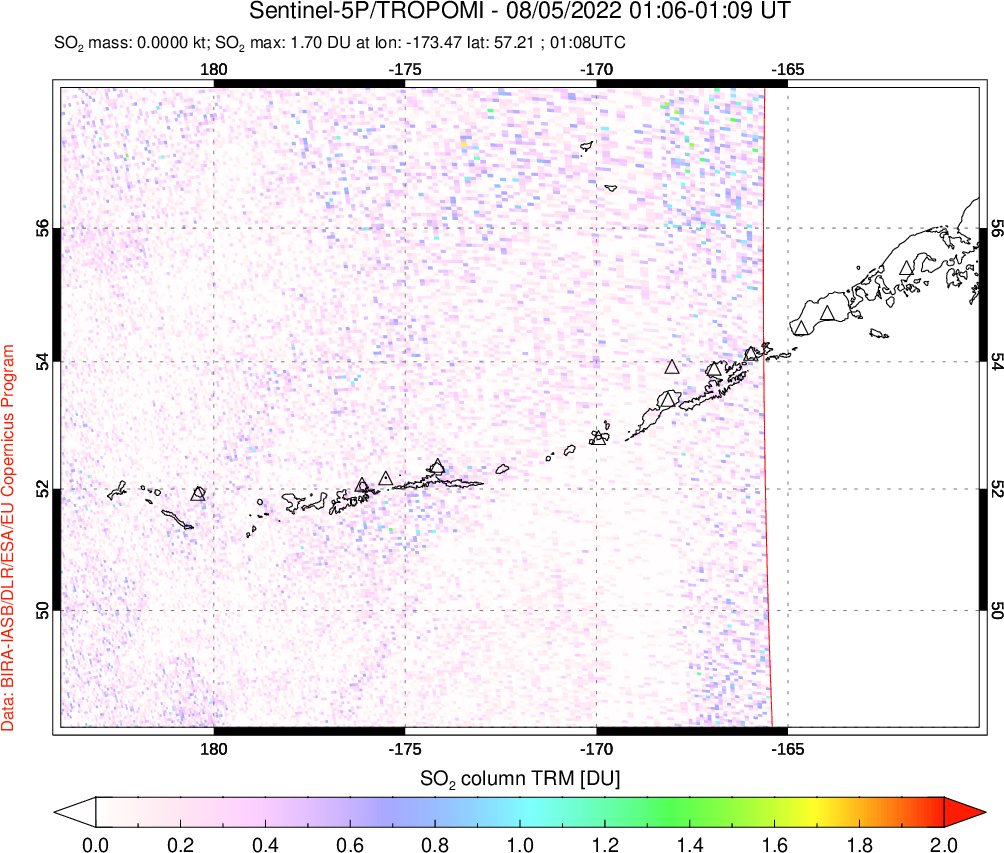 A sulfur dioxide image over Aleutian Islands, Alaska, USA on Aug 05, 2022.