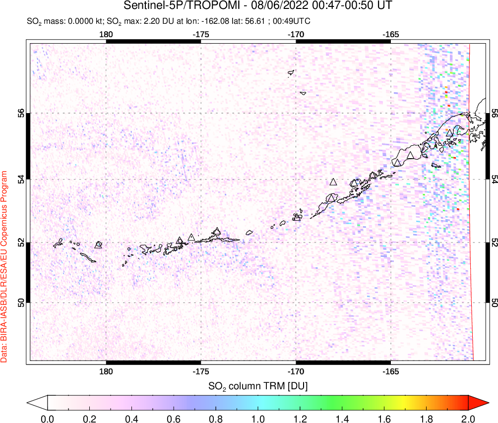 A sulfur dioxide image over Aleutian Islands, Alaska, USA on Aug 06, 2022.