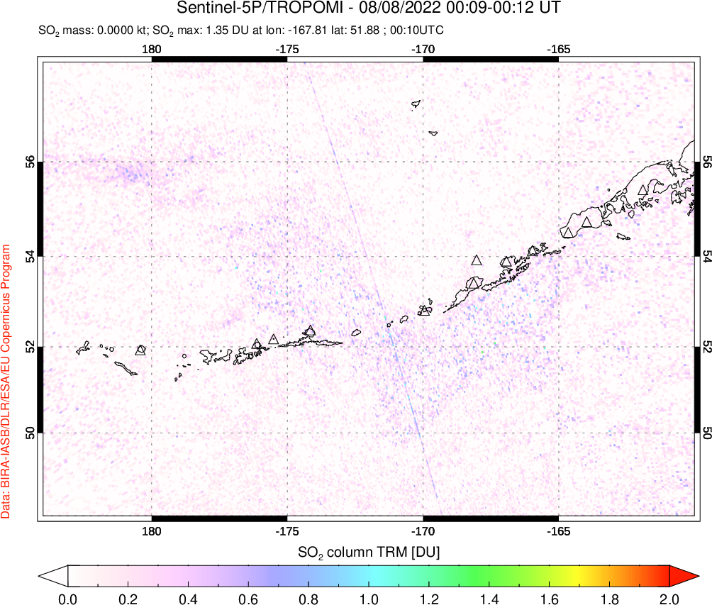 A sulfur dioxide image over Aleutian Islands, Alaska, USA on Aug 08, 2022.