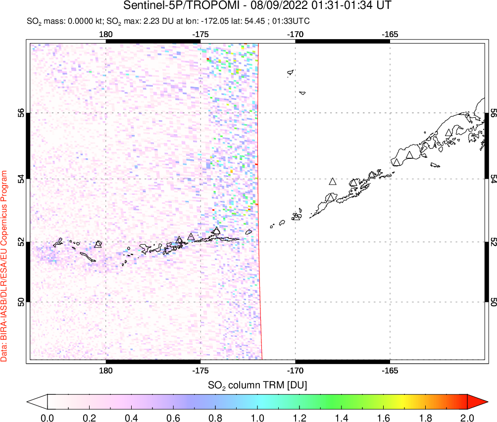 A sulfur dioxide image over Aleutian Islands, Alaska, USA on Aug 09, 2022.