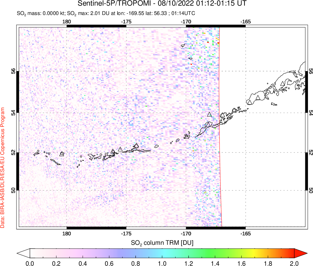 A sulfur dioxide image over Aleutian Islands, Alaska, USA on Aug 10, 2022.