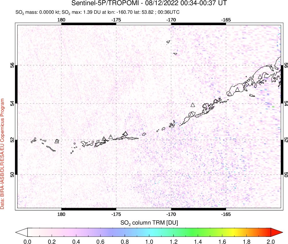 A sulfur dioxide image over Aleutian Islands, Alaska, USA on Aug 12, 2022.