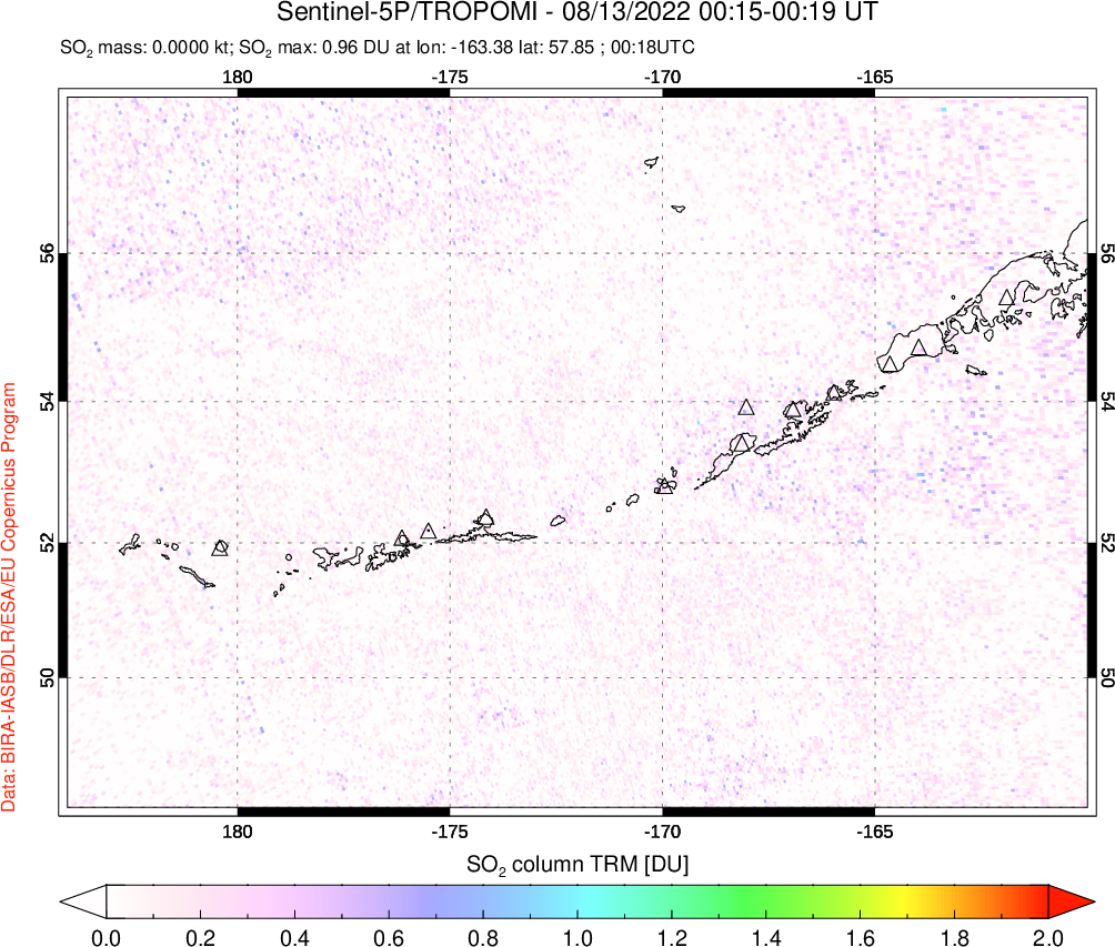 A sulfur dioxide image over Aleutian Islands, Alaska, USA on Aug 13, 2022.