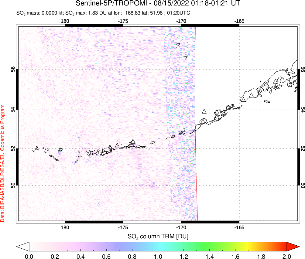 A sulfur dioxide image over Aleutian Islands, Alaska, USA on Aug 15, 2022.