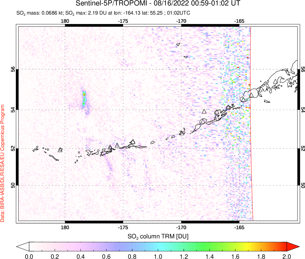 A sulfur dioxide image over Aleutian Islands, Alaska, USA on Aug 16, 2022.