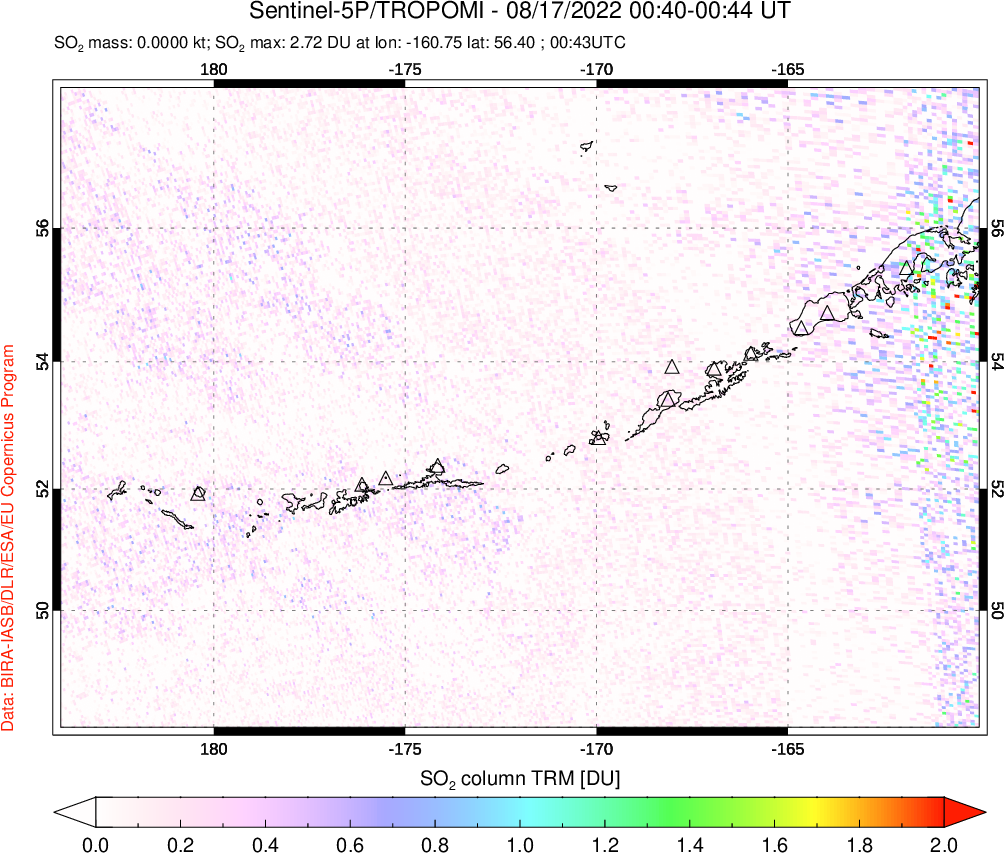 A sulfur dioxide image over Aleutian Islands, Alaska, USA on Aug 17, 2022.
