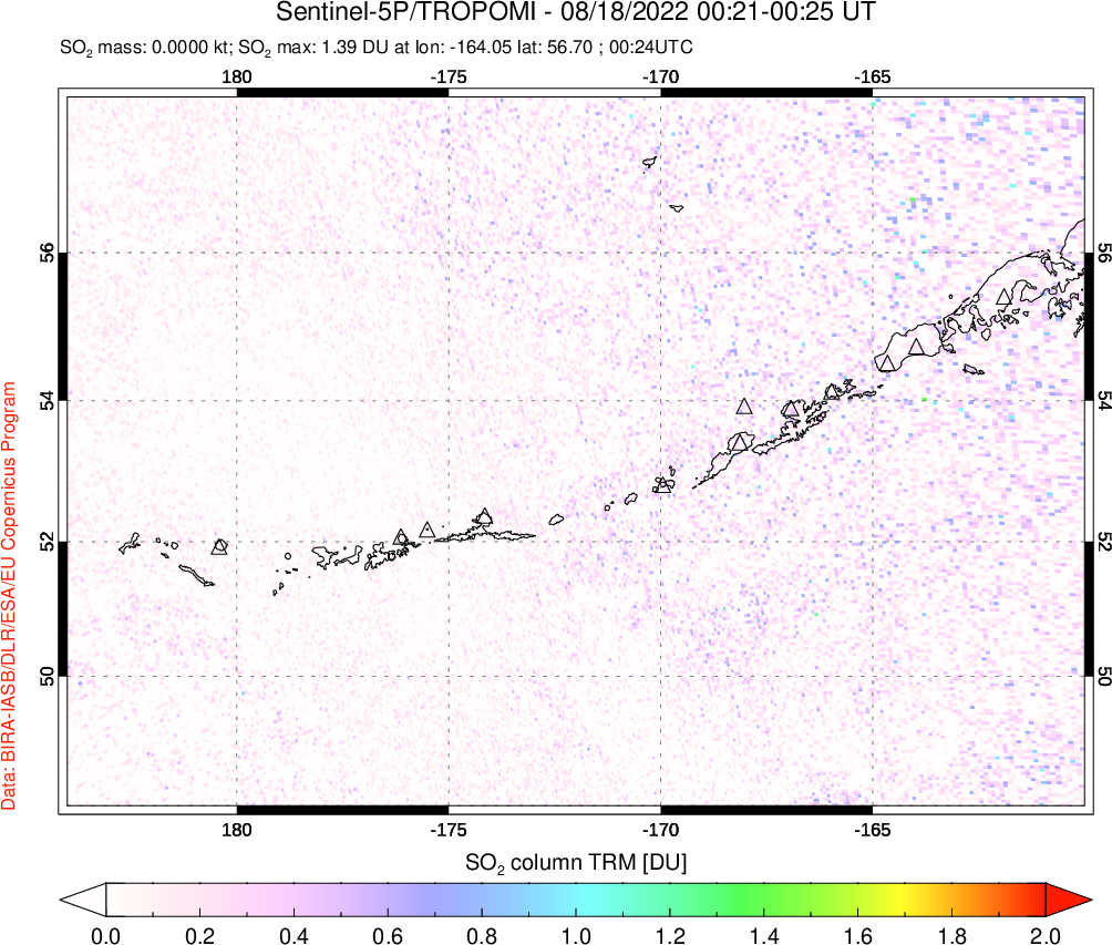 A sulfur dioxide image over Aleutian Islands, Alaska, USA on Aug 18, 2022.