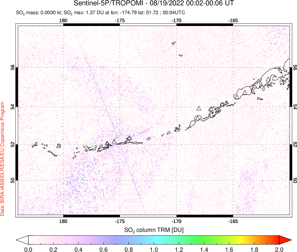 A sulfur dioxide image over Aleutian Islands, Alaska, USA on Aug 19, 2022.