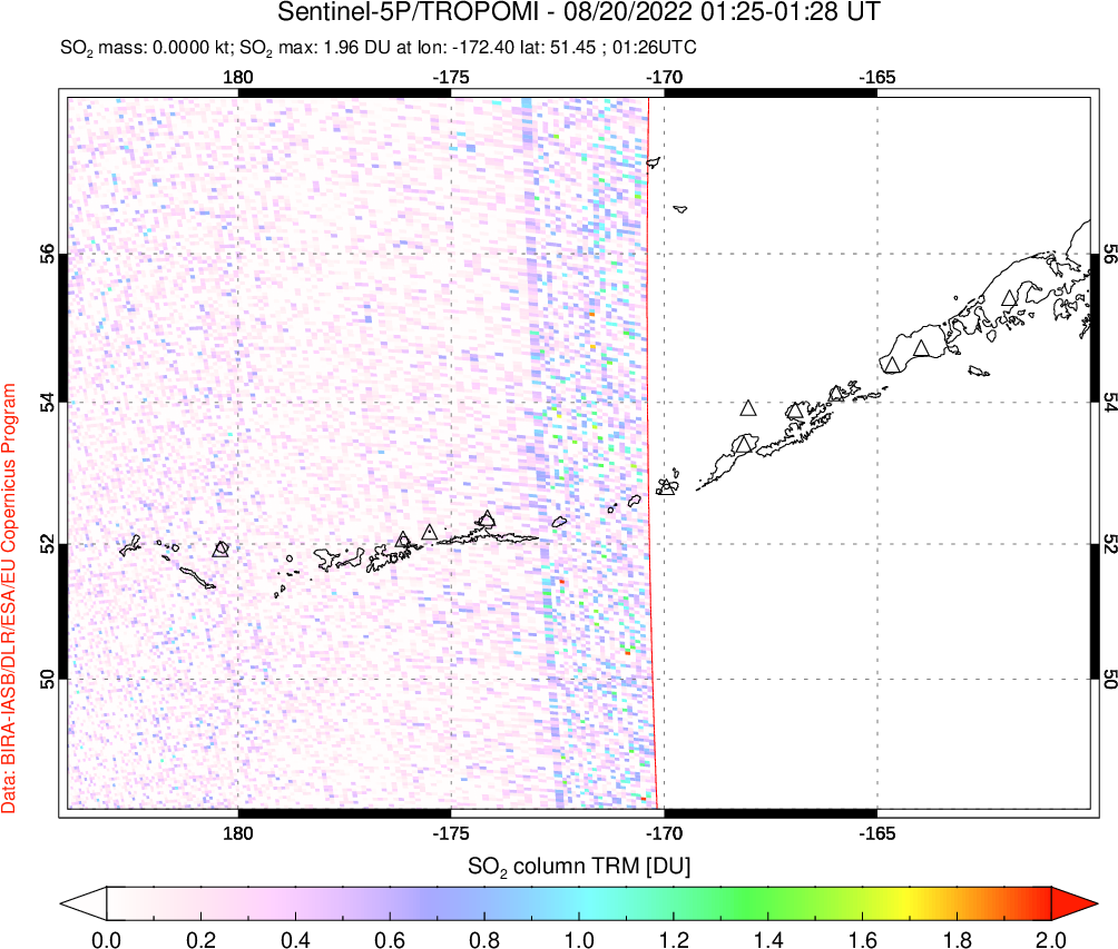 A sulfur dioxide image over Aleutian Islands, Alaska, USA on Aug 20, 2022.